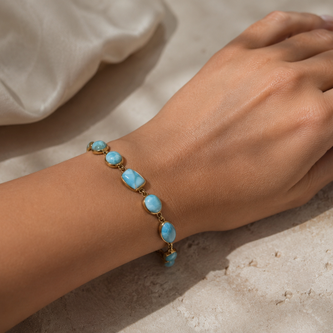 Vergoldetes Larimar Armband aus 925 Sterling Silber