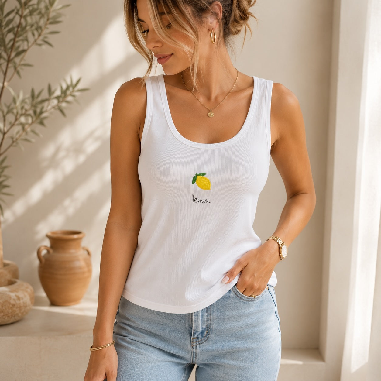 Lemon Tanktop aus 100 % Baumwolle – Weiß | Einheitsgröße (34–42)
