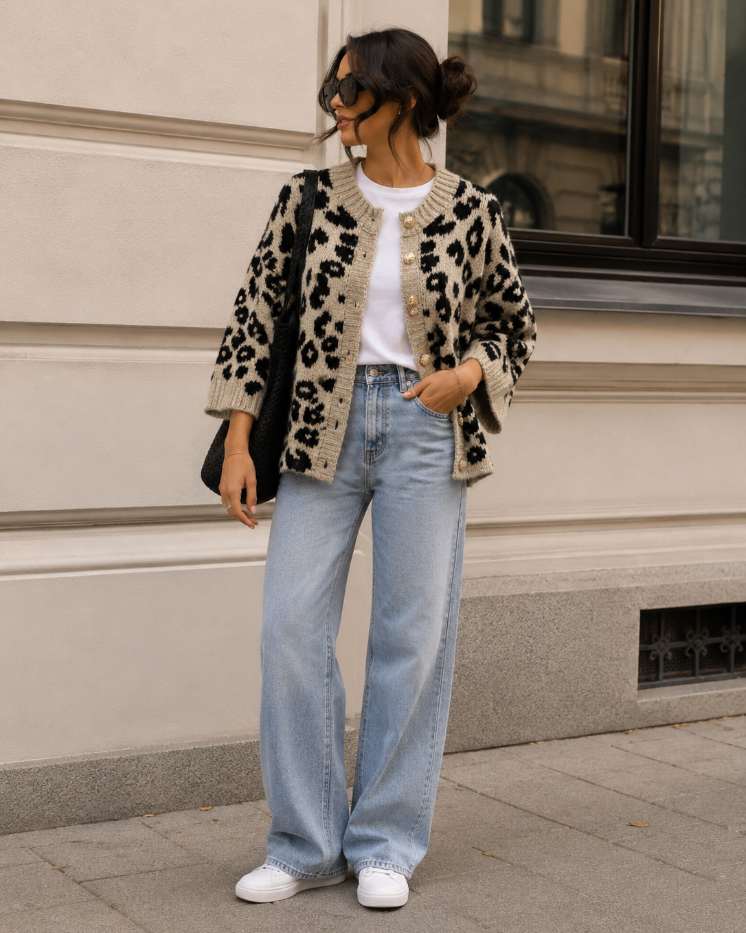 Leo Taupe 3/4 Sleeve Cardigan Damen mit Leopardenmuster und 3/4-Ärmeln