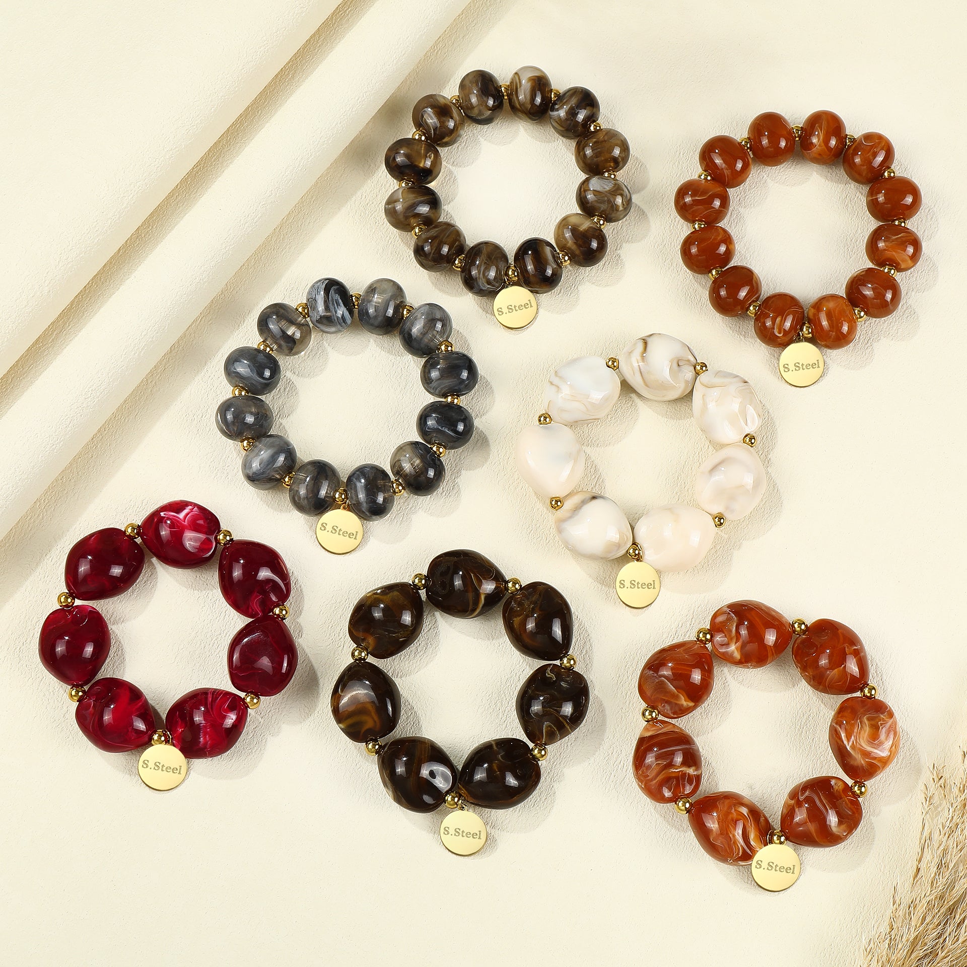 Marble Armband Creme elastisch – Edelstahl 14 Karat vergoldet