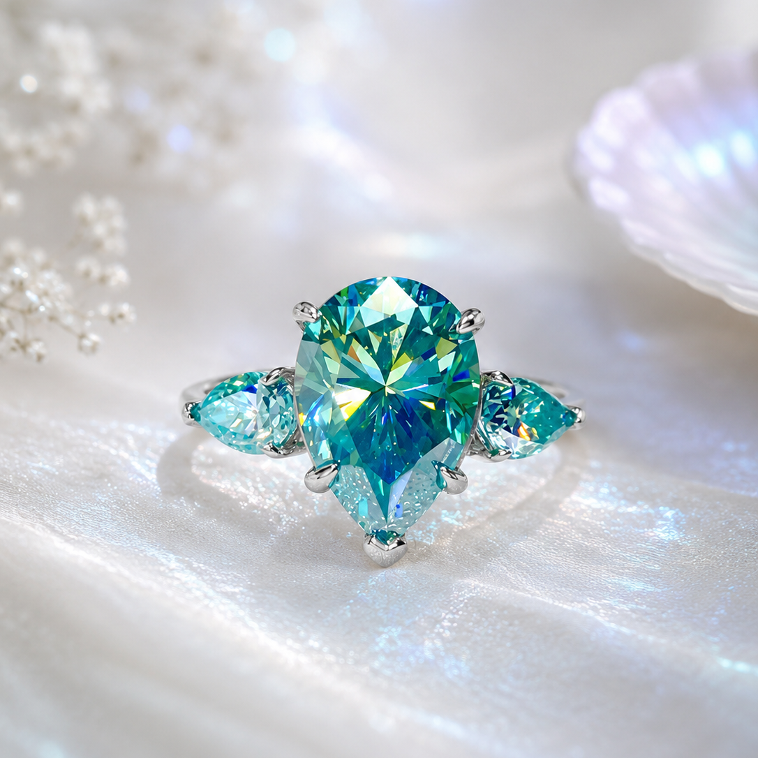 THALASSA – 6 Karat Grüner Wassertropfen VVS1 Moissanit Ring | 925 Sterling Silber | Mit Zertifikat