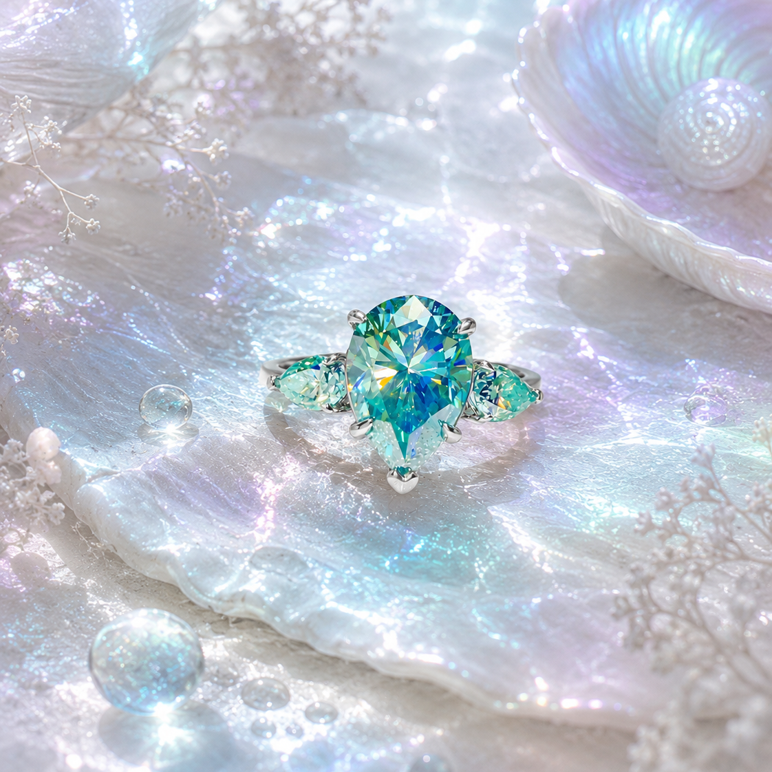 THALASSA – 6 Karat Grüner Wassertropfen VVS1 Moissanit Ring | 925 Sterling Silber | Mit Zertifikat