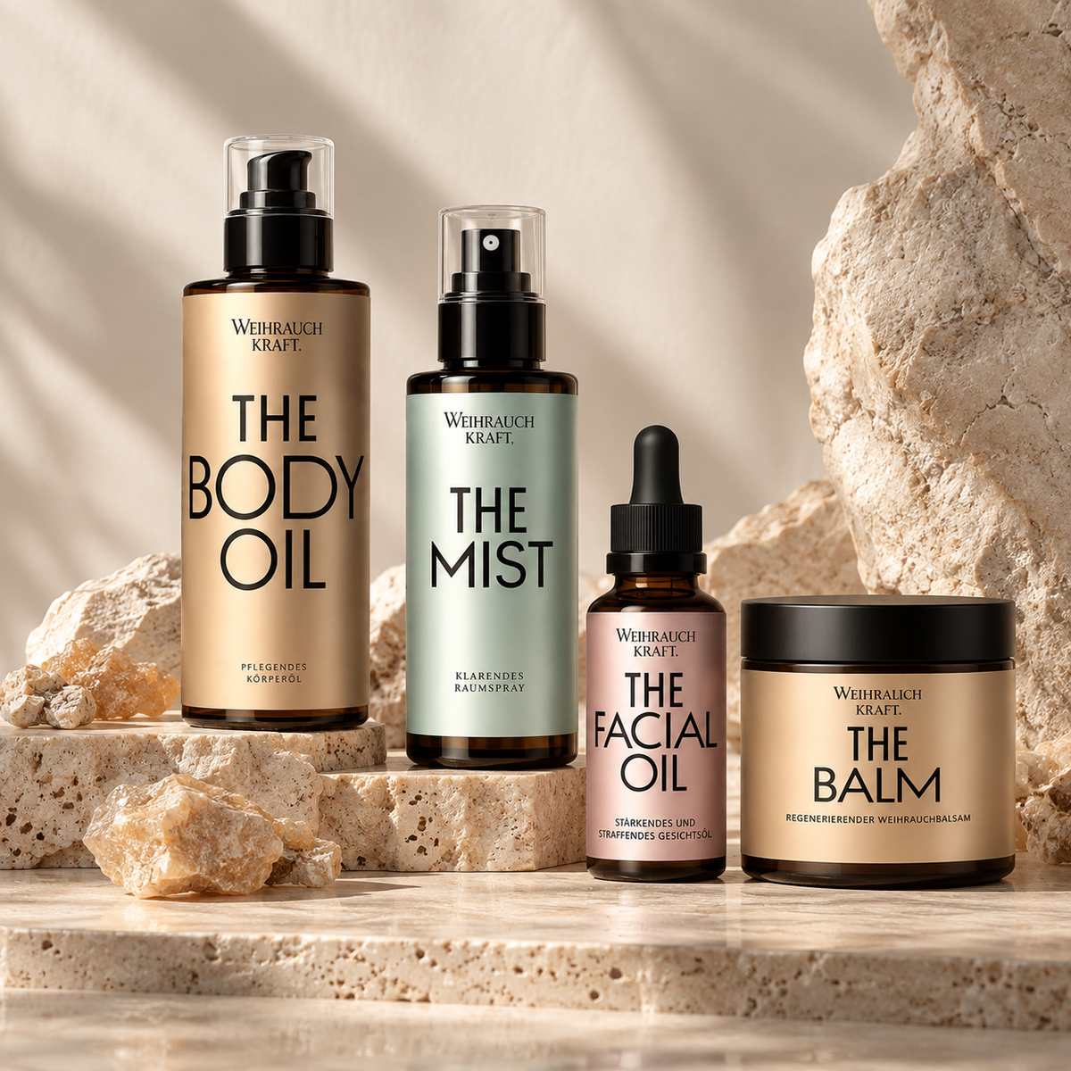 Weihrauch Kraft Pflegeserie mit The Body Oil, The Mist, The Facial Oil und The Balm