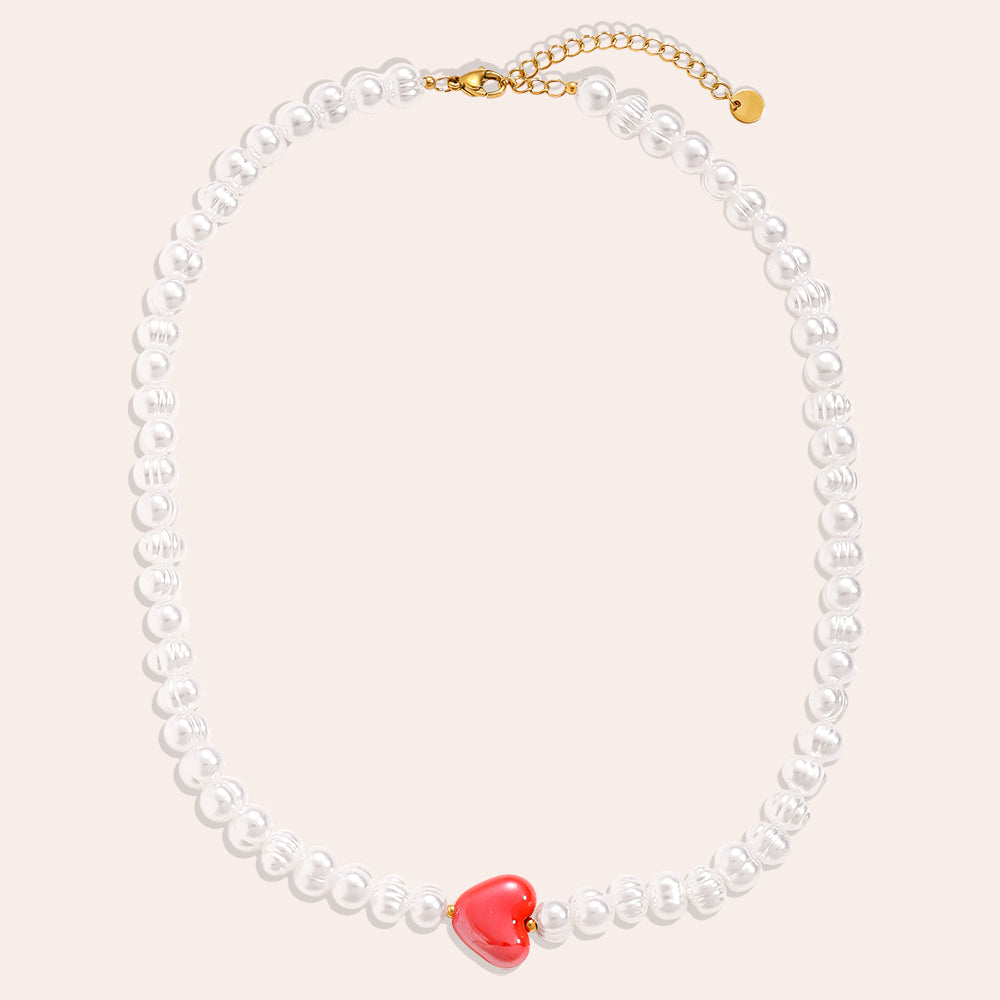 Red Heart Halskette mit großer Perlenkette aus Edelstahl – 41 cm