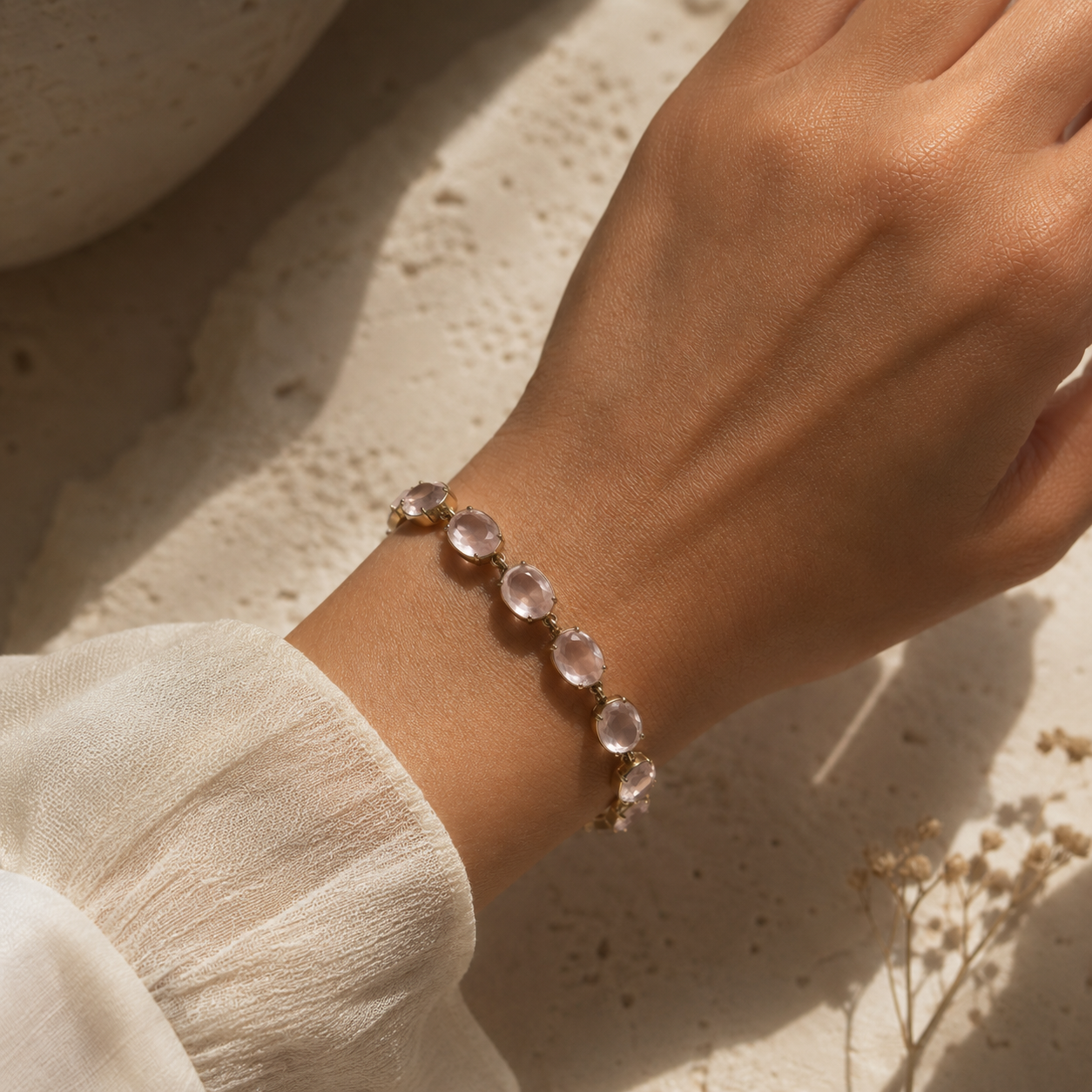 Vergoldetes Rosenquarz Armband aus 925 Sterling Silber
