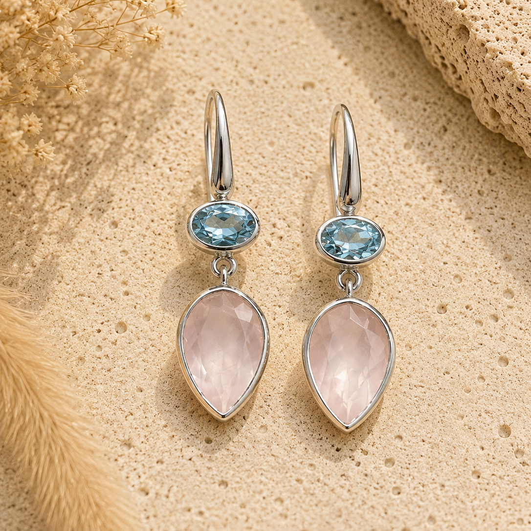 Rosenquarz & Sky Blue Topas Ohrringe 925 Silber
