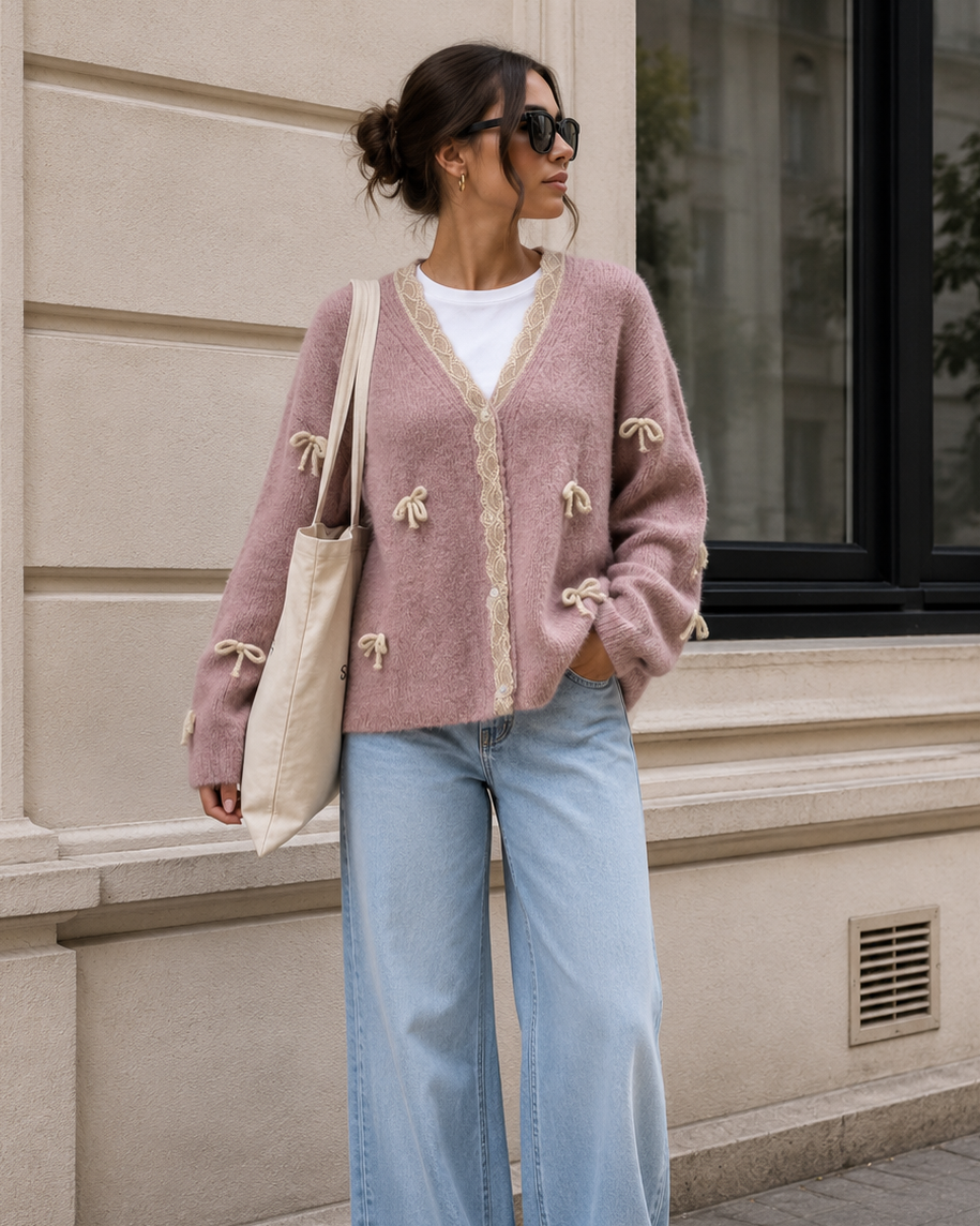 Romantic Lace Cardigan Mauve – mit Spitzen- & Schleifen-Details