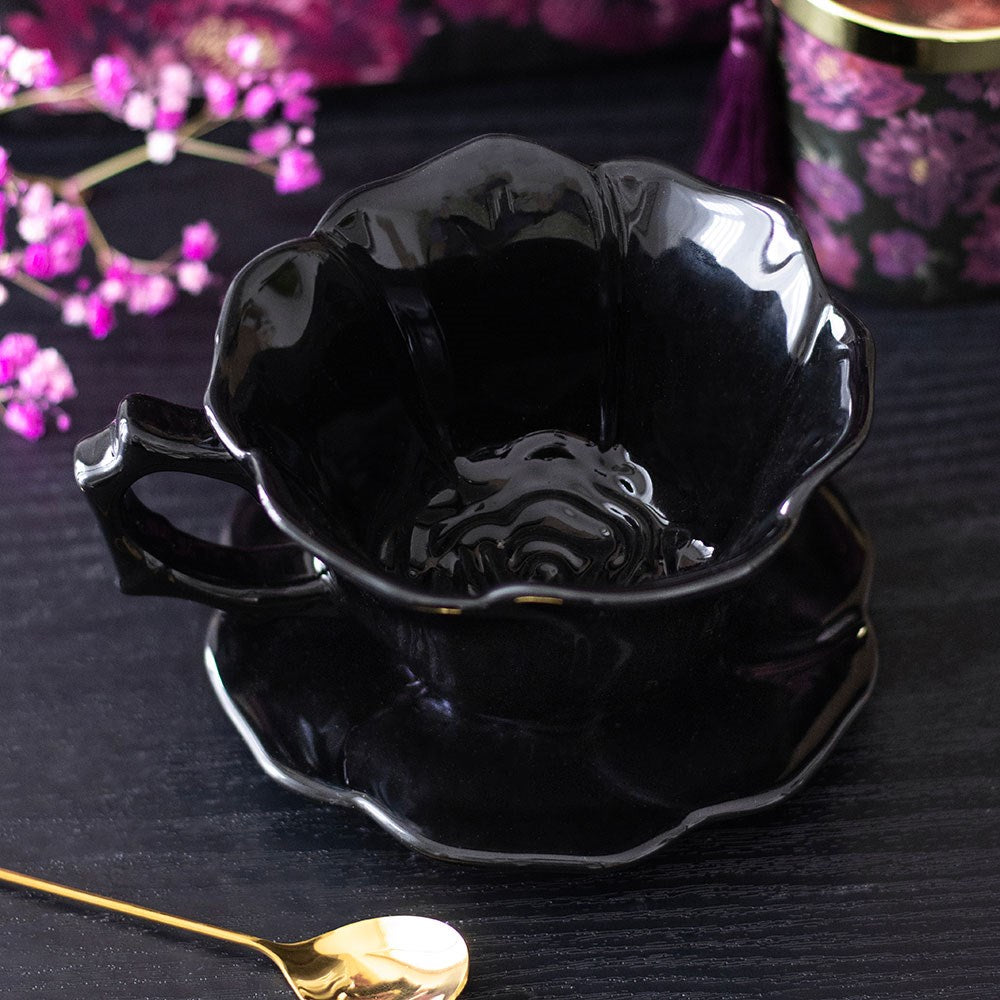 Schwarze Rose Tasse mit Unterteller