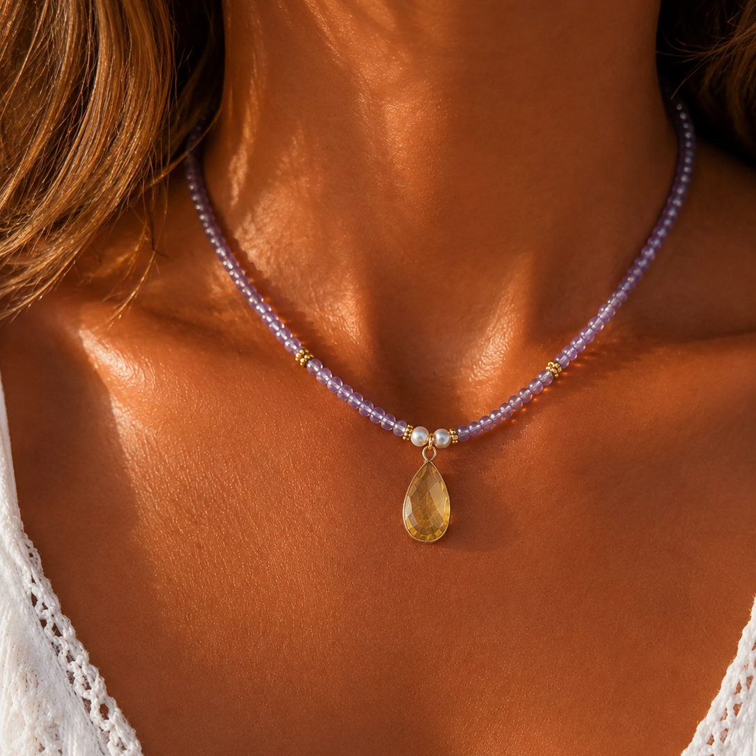 Amethyst Perlenkette mit Citrin | Vergoldete Edelstein Halskette