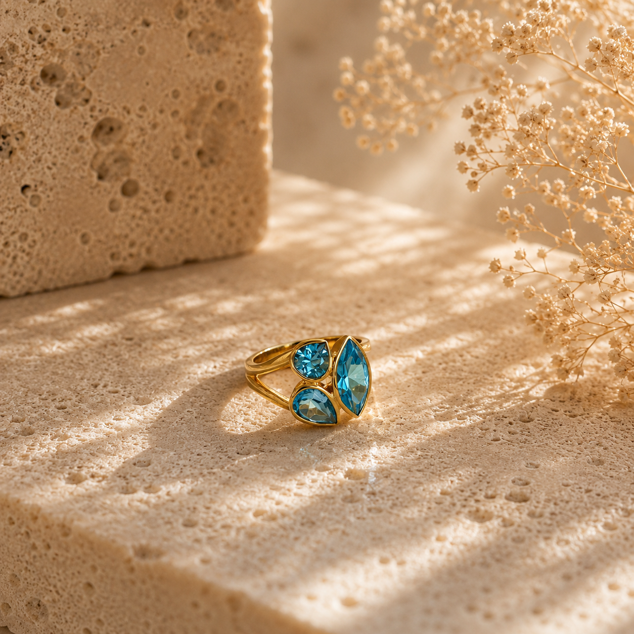 Swiss Blue Topas Ring aus 925 Sterling Silber vergoldet | Größe 56