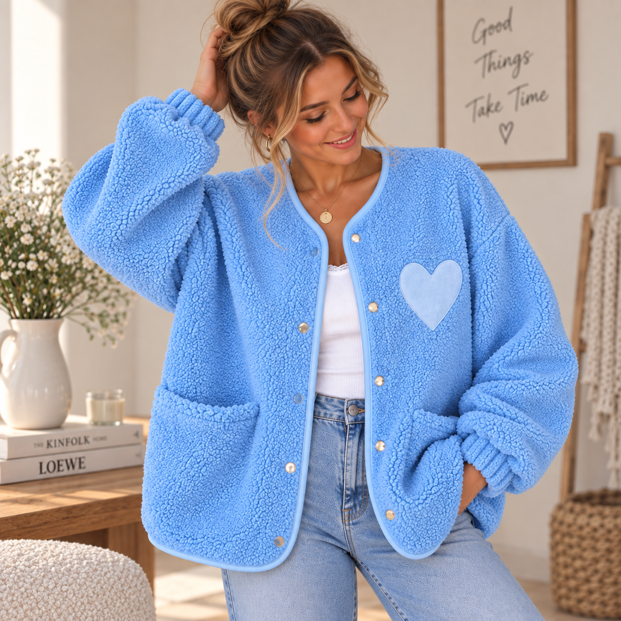 Teddy Jacke Babyblau mit Herzdetail