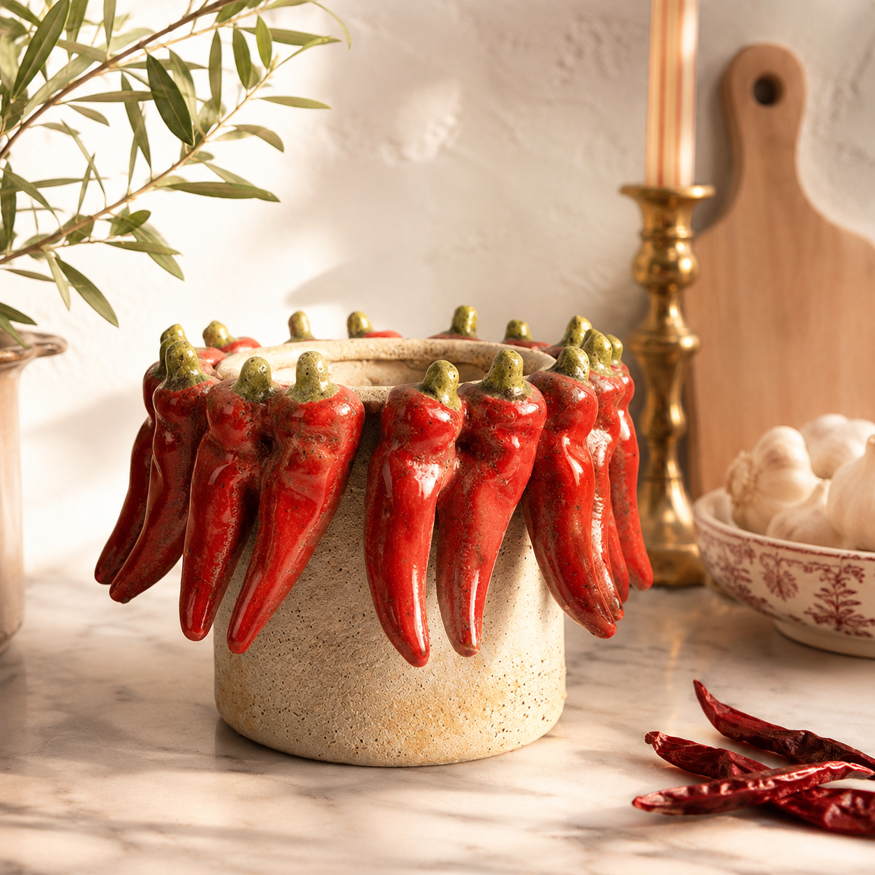 Pflanztopf mit Chili-Design – Mediterraner Blumentopf aus Keramik