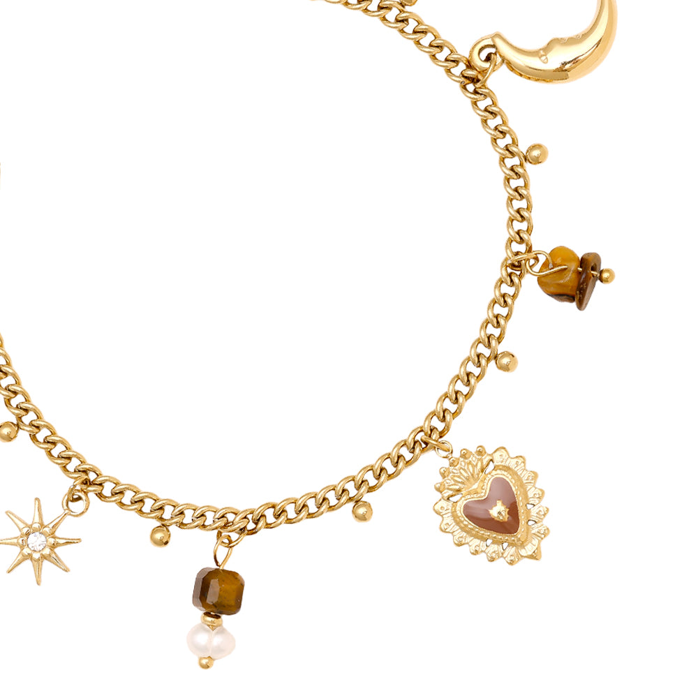 Tigerauge Charm Armband aus Edelstahl – Naturstein mit Zirkonia | 17 cm + Verlängerung