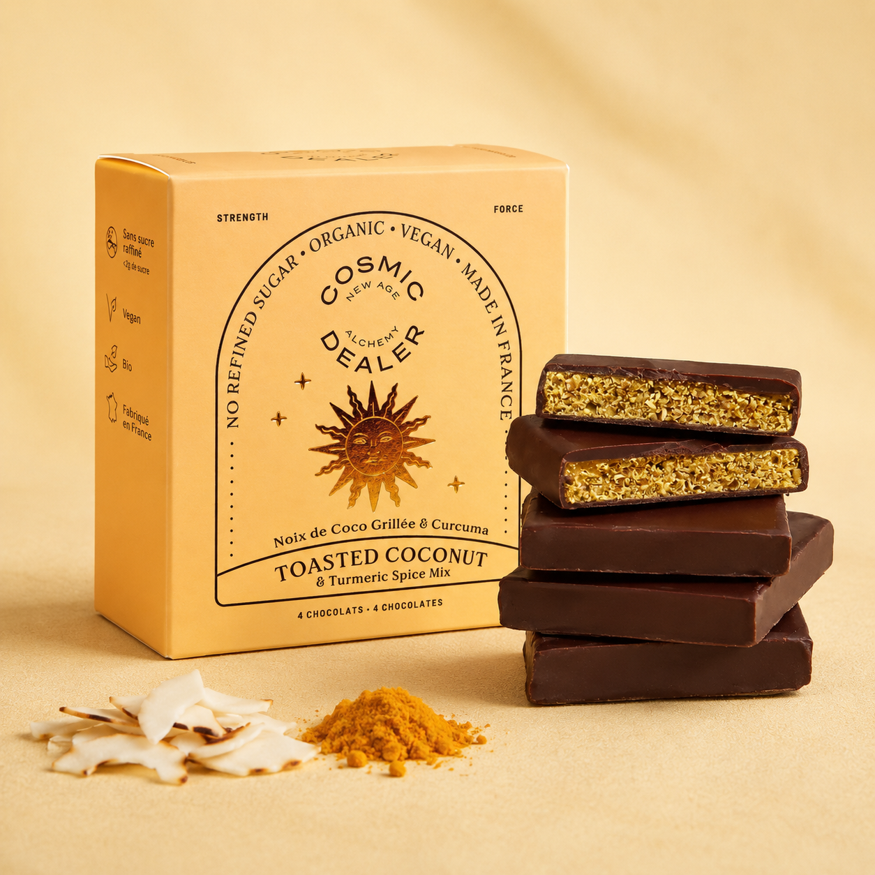COSMIC DEALER Chakra Schokolade Toasted Coconut & Kurkuma – 4er Box Schokolade
