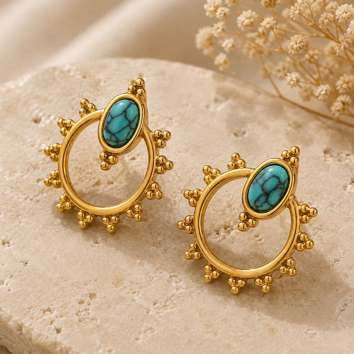 Turquoise Halo – Boho Ohrringe Gold mit Türkis