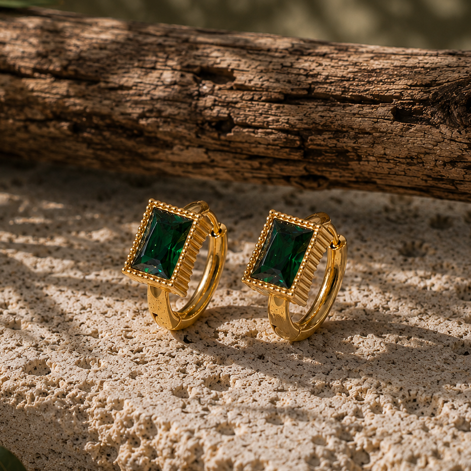 Vintage Diamond Hoops - Emerald Green