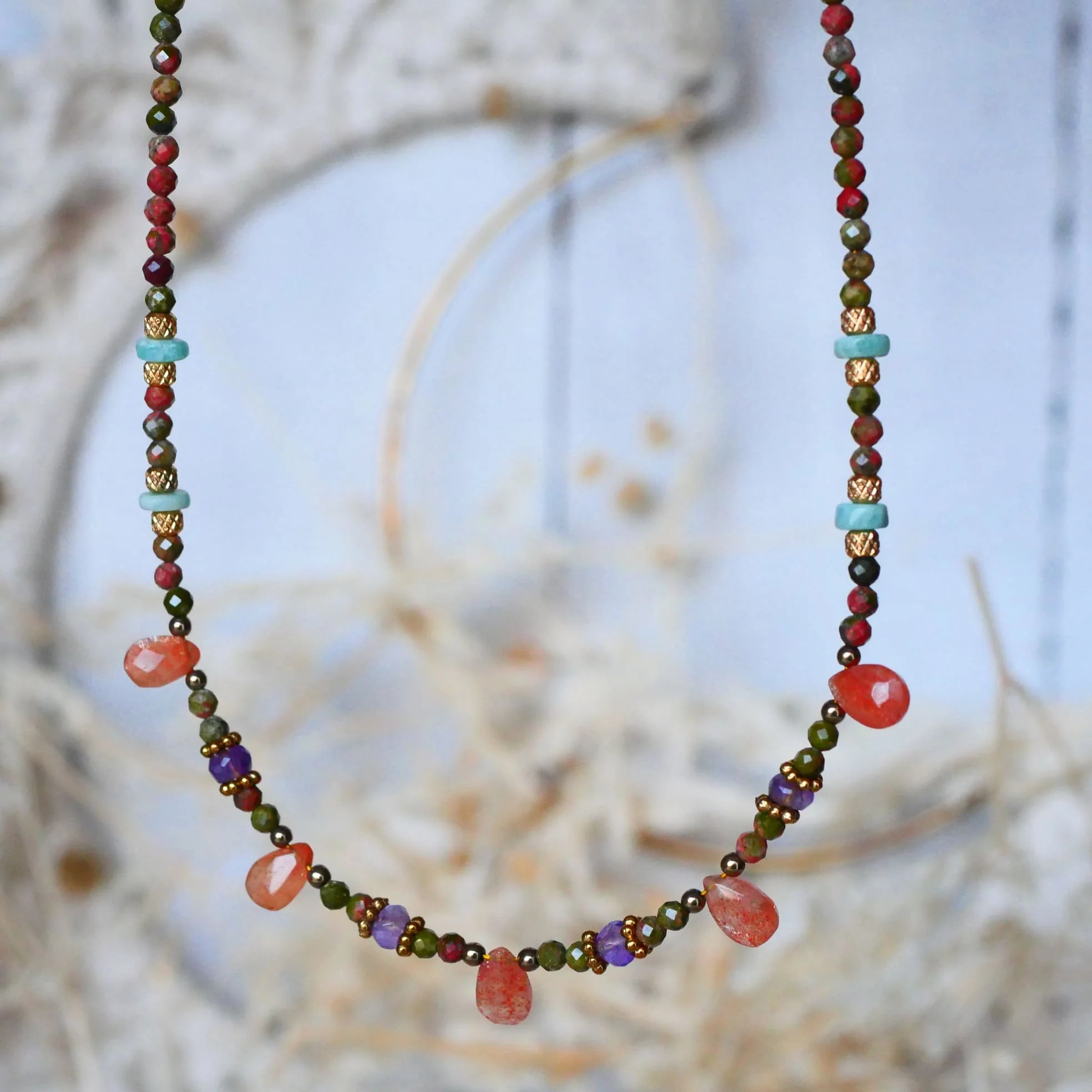 Xandra Kette - Unakit, Sonnenstein, Amazonit, Amethyst