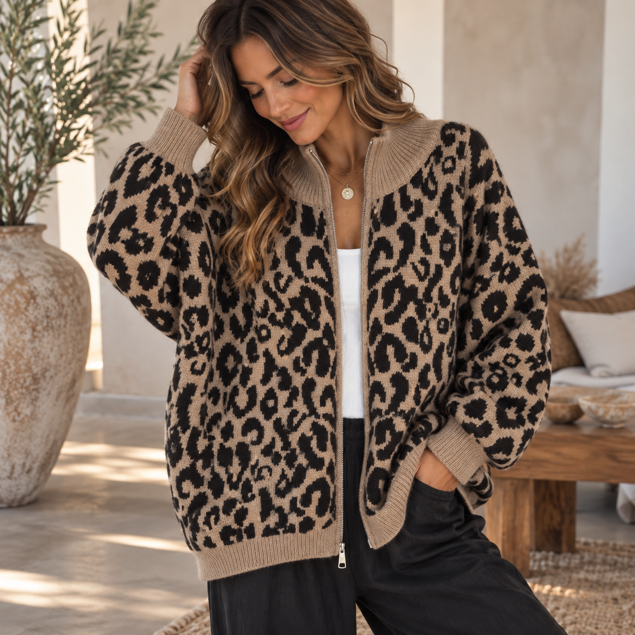 Leo Zipper Cardigan | Schwarz-Karamell