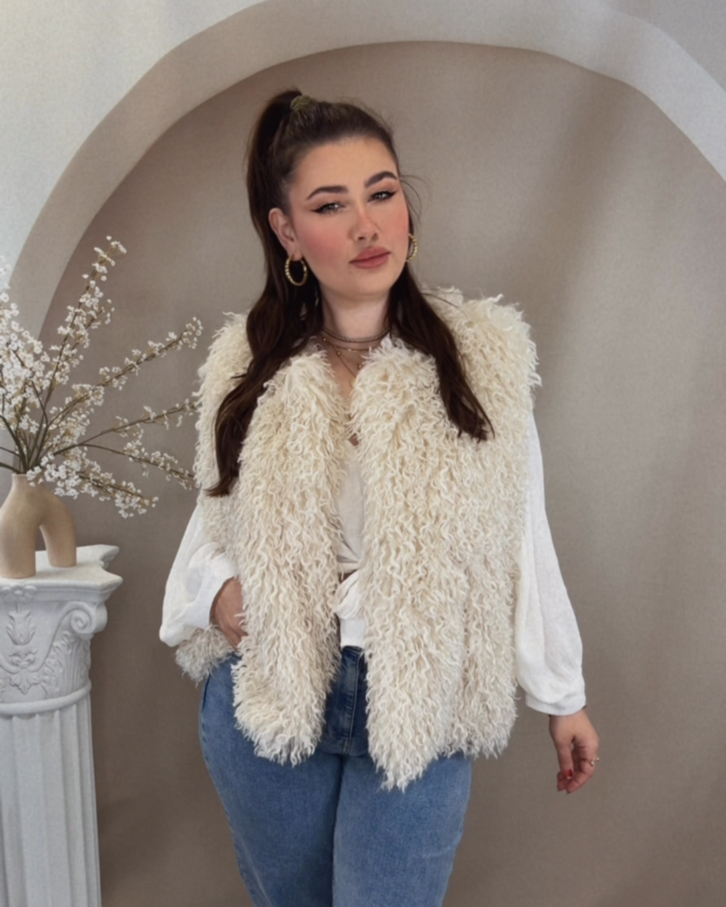 Boho Fluffy Weste - Creme