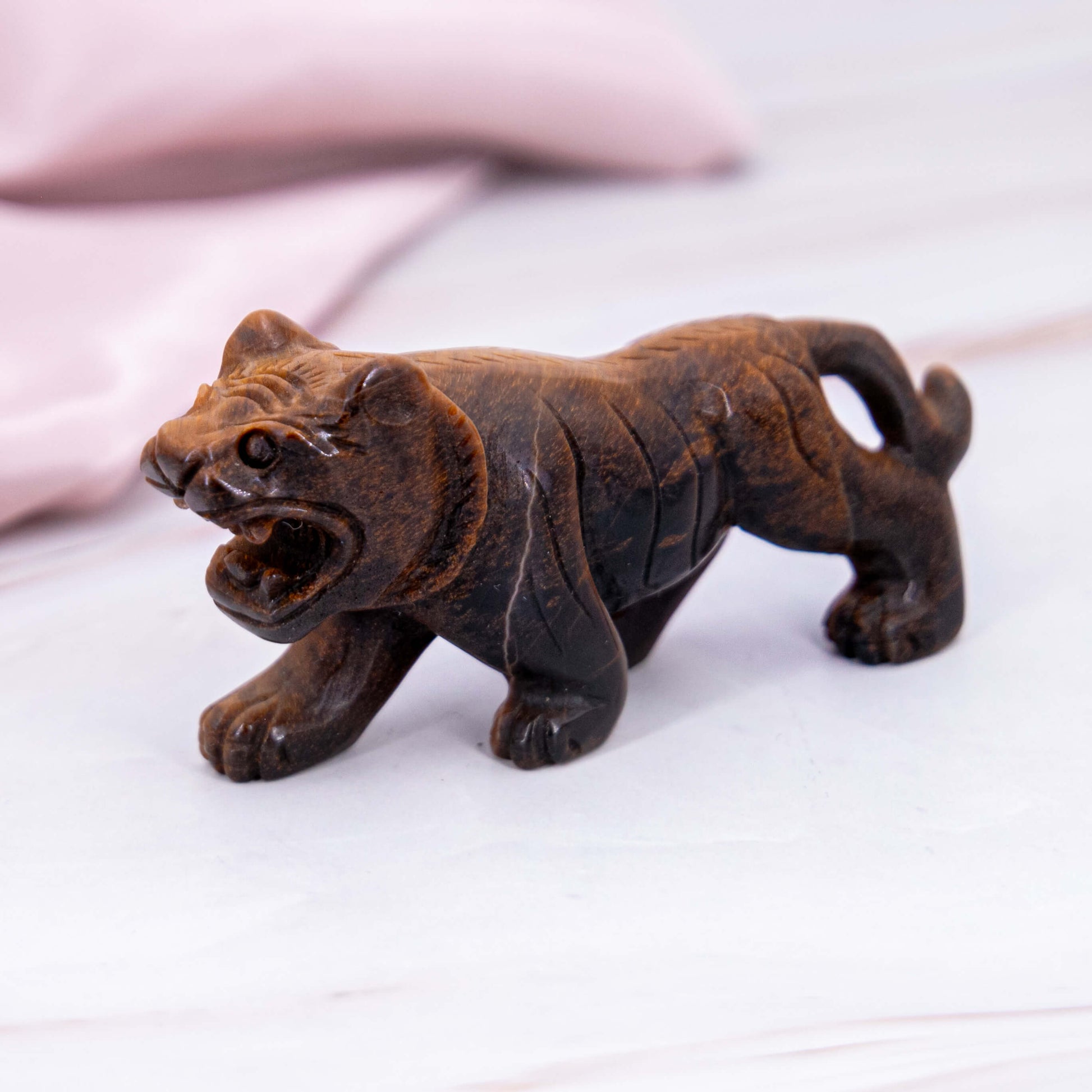 Tigerauge Tiger Auge Carving Tiger Löwe Tier Dschungel geschliffen geschnitzt braun bronze Annurah deutscher Onlineshop Kristalle Edelsteine Schutzsteine Heilsteine Schutz Mut Glück Wohlstand Erfolg Glücksbringer