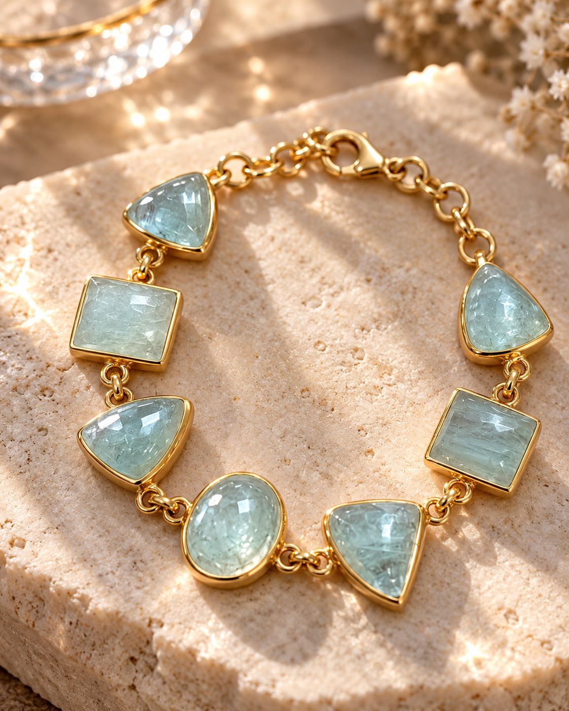 Aquamarin Armband aus vergoldetem 935 Silber mit hellblauen Edelsteinen in ovalen, quadratischen und dreieckigen Goldfassungen.