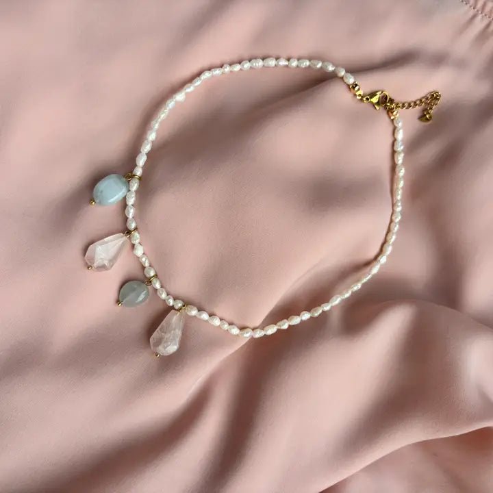 Choker-Halskette mit Aquamarin, Rosenquarz & Süßwasserperlen – 18k vergoldet, Handgefertigt in Italien