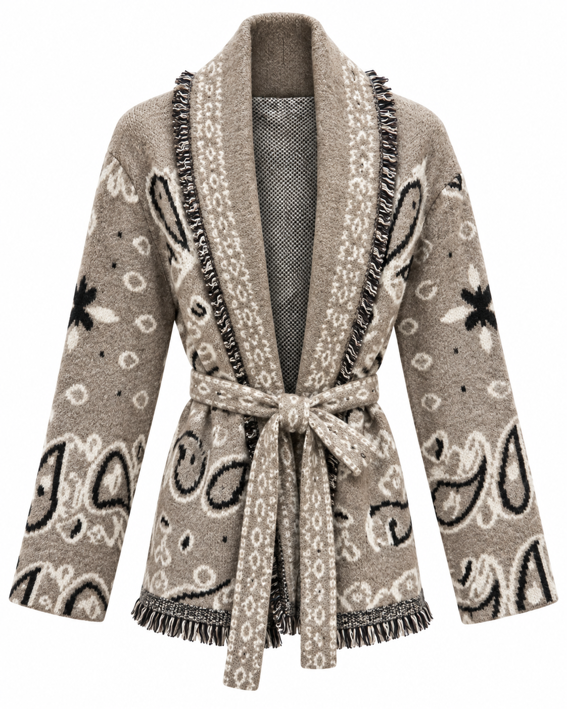 Boho Paisley – Strickcardigan mit Fransen & Bindegürtel