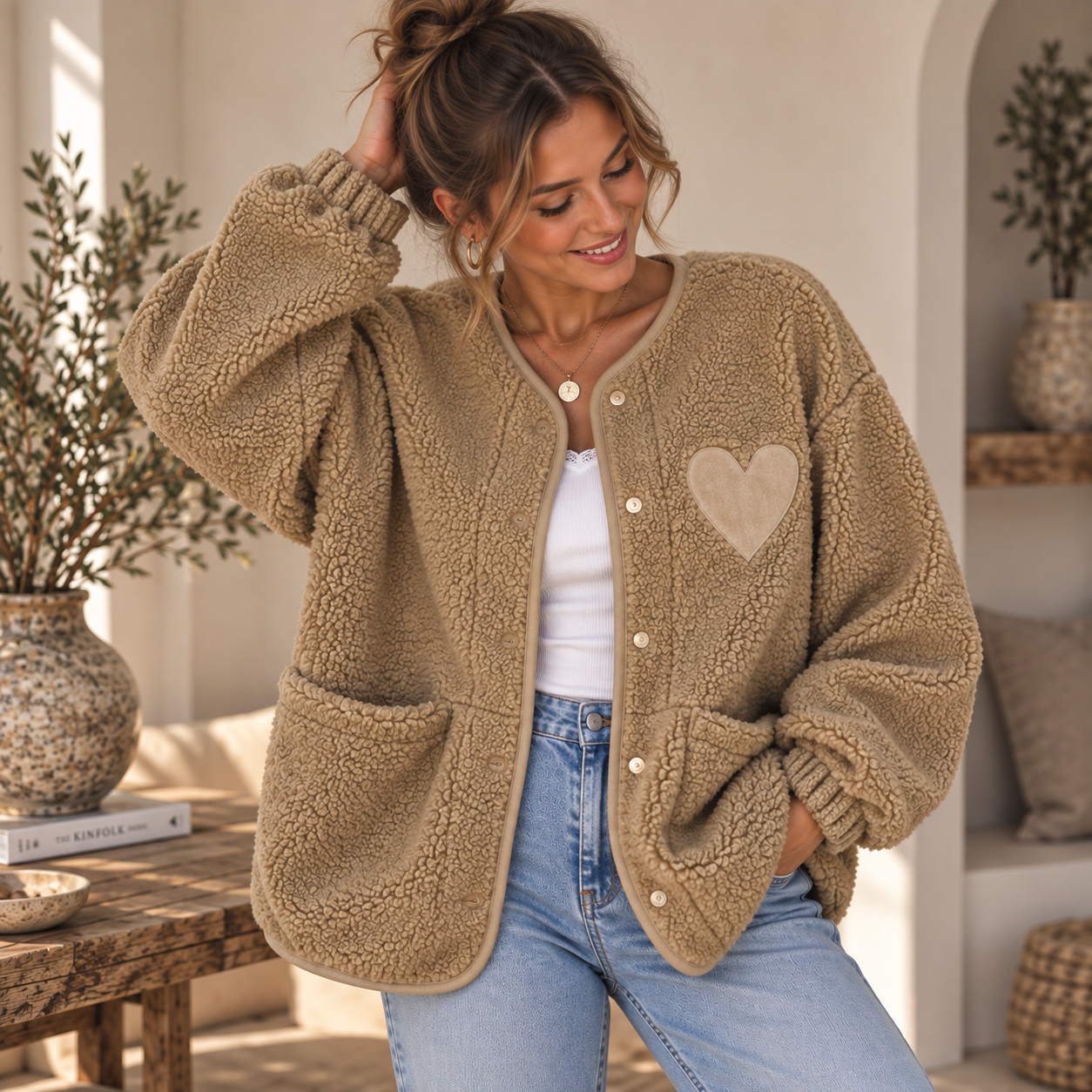 Teddy Jacke Camel mit Herzdetail