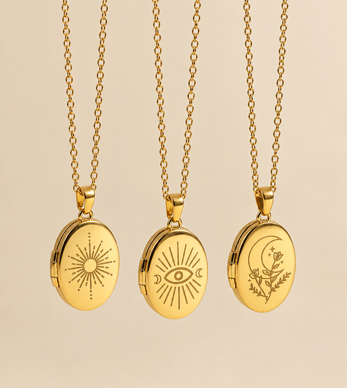 Celestial Secrets – Medaillon Kette mit Sonne, Mond & Schutzauge