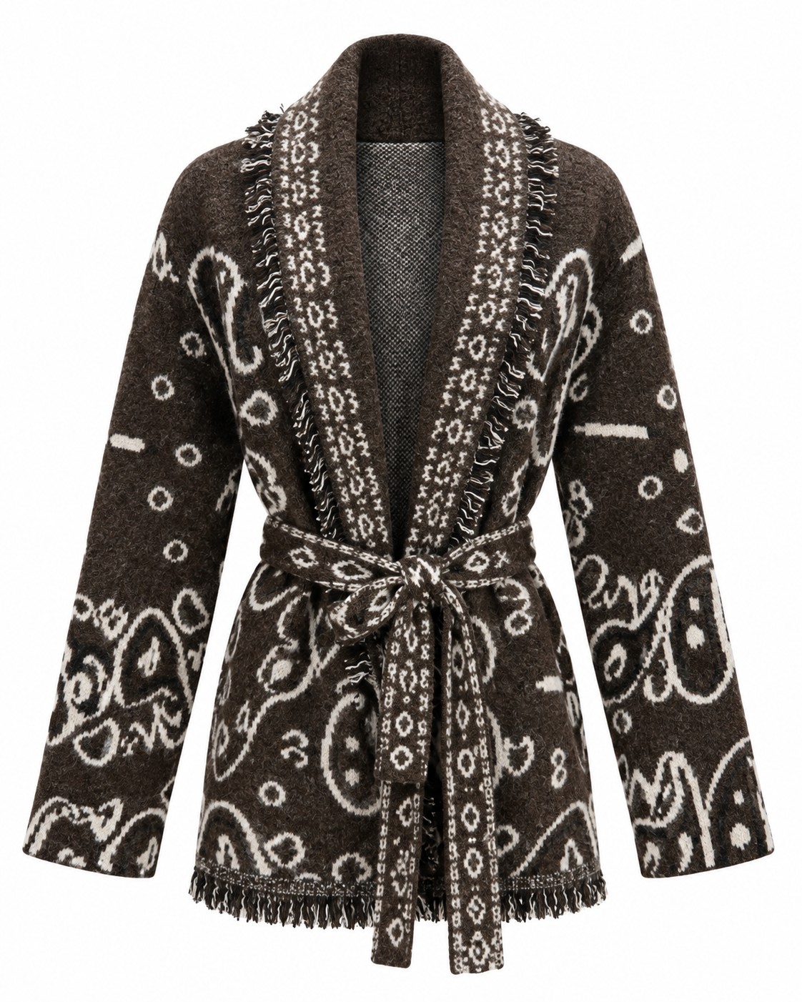 Boho Paisley – Strickcardigan mit Fransen & Bindegürtel