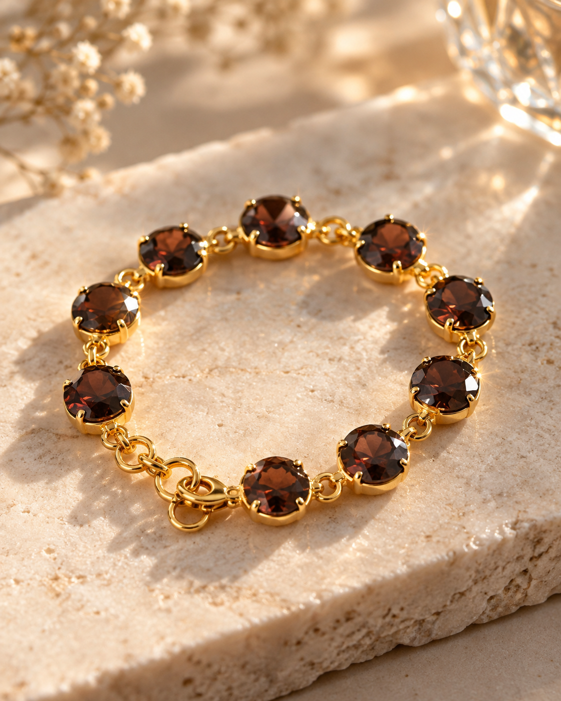 Exklusives Rauchquarz Armband aus vergoldetem 925 Sterling Silber mit runden facettierten braunen Edelsteinen auf beigem Naturstein mit Lichtreflexen.