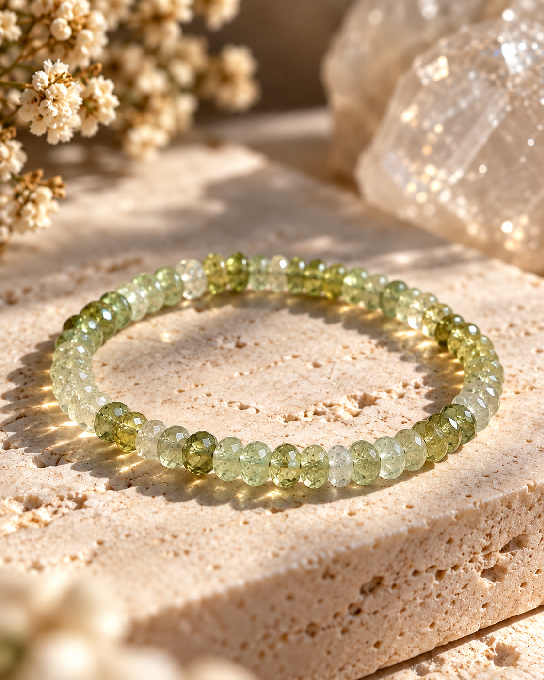 Grossularit Armband mit facettierten grünen Edelsteinen in zarten Pistazien- und Olivgrüntönen auf hellem Naturstein mit funkelnden Lichtreflexen.
