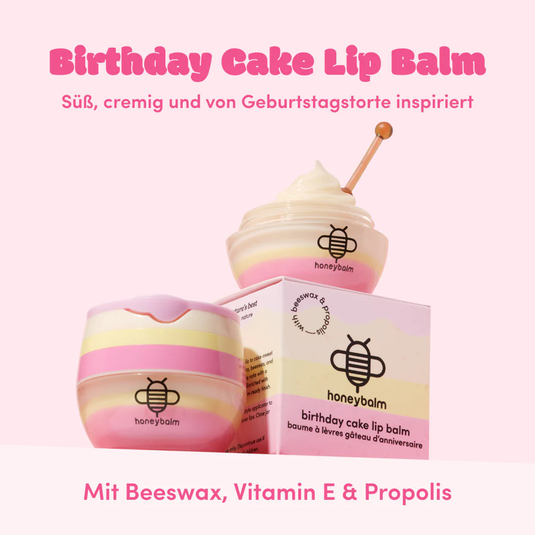 Honeybalm Birthday Cake – Cremige Lippenpflege mit Vanille-Erdbeer-Geburtstagskuchen Aroma