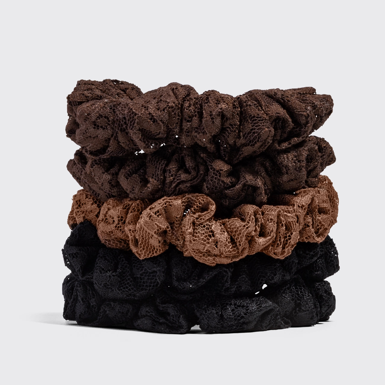 Kitsch Geraffte Spitzen-Scrunchies 5er-Set – Schwarz, Schokolade & Mokka