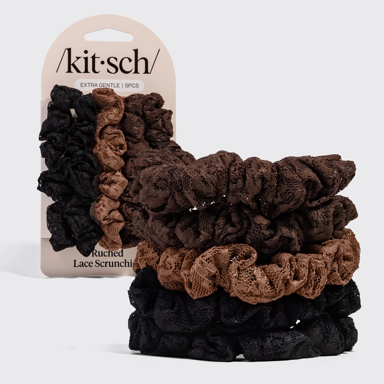 Kitsch Geraffte Spitzen-Scrunchies 5er-Set – Schwarz, Schokolade & Mokka