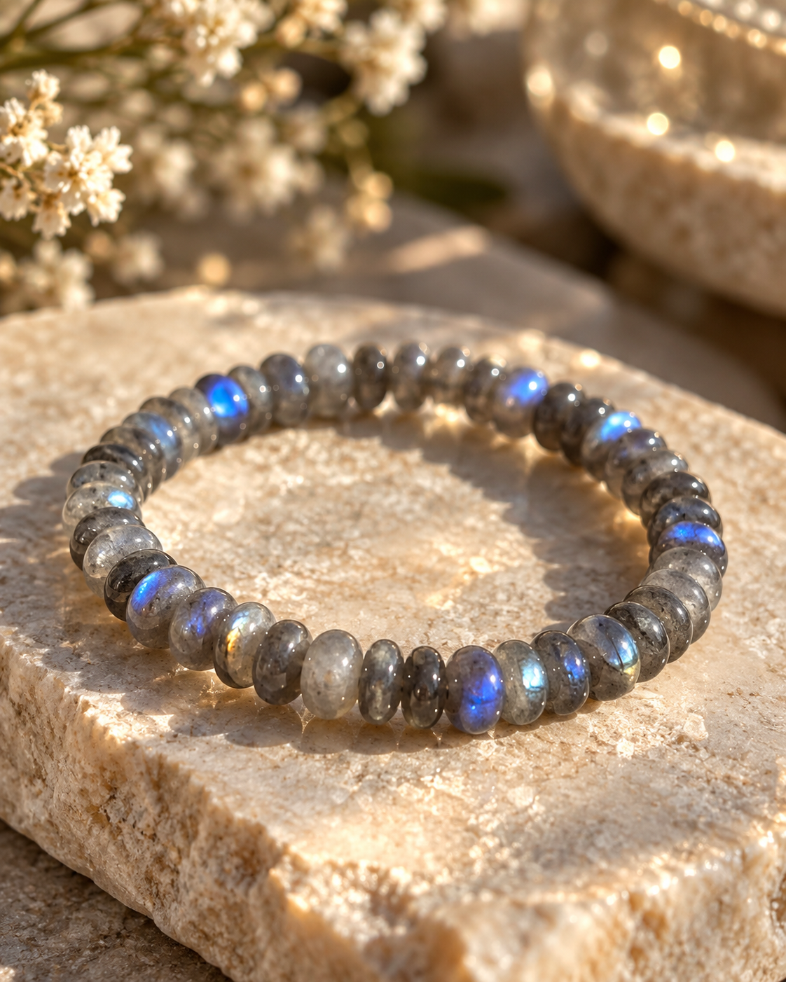 Labradorit Armband aus polierten grauen Edelstein-Rondellen mit leuchtend blauen Lichtreflexen auf hellem Naturstein.