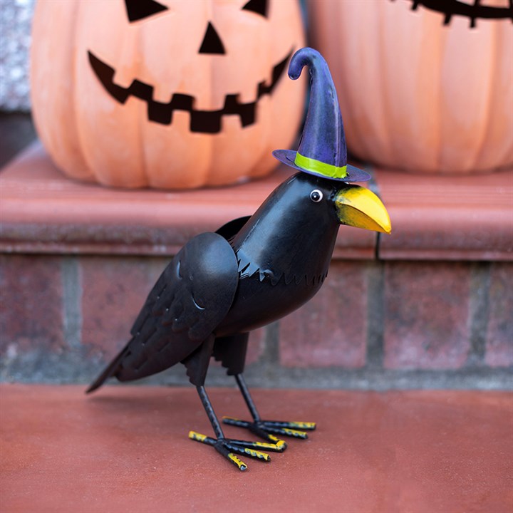 Rabe mit Hexenhut - Halloween Deko aus Metall