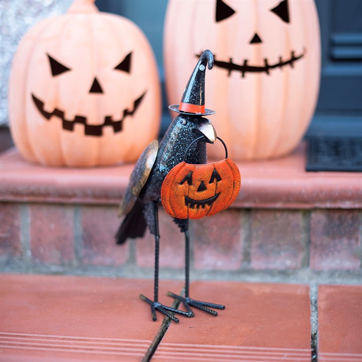 Glitzer Rabe mit Kürbis - Halloween Deko aus Metall