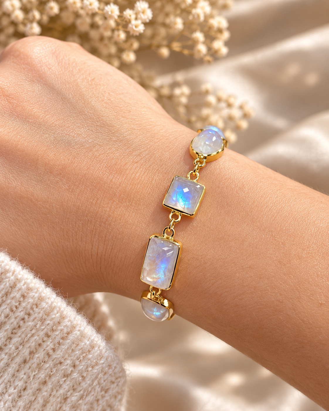 Regenbogen Mondstein Armband – 925 Sterling Silber vergoldet
