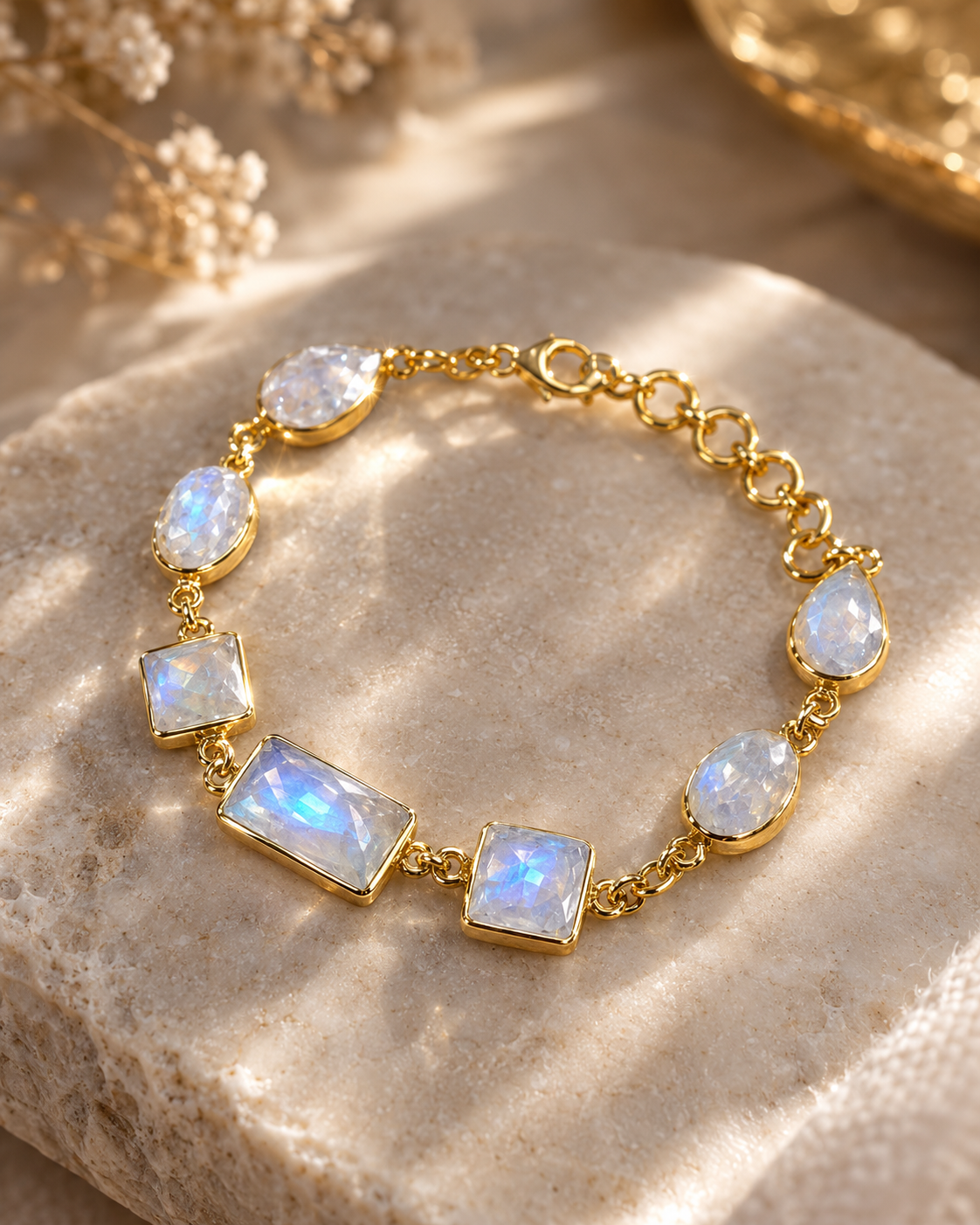 Elegantes Regenbogen Mondstein Armband aus vergoldetem 925 Sterling Silber mit ovalen, tropfenförmigen und rechteckigen Edelsteinen, die in faszinierenden Blau- und Regenbogentönen schimmern.