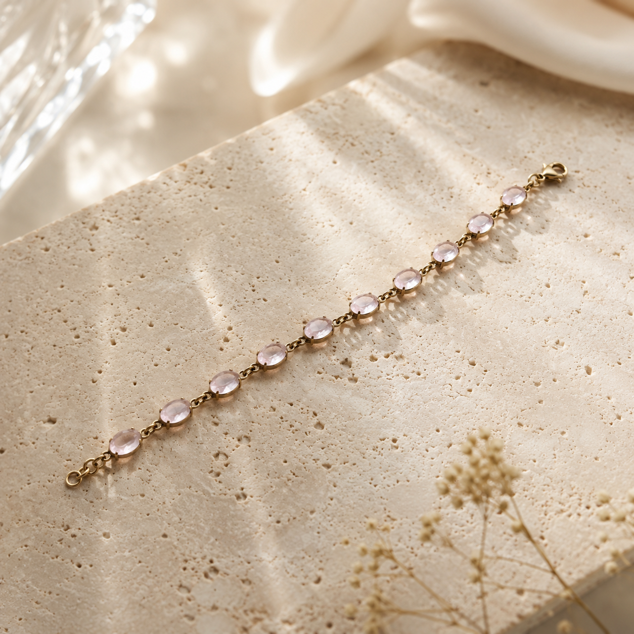 Vergoldetes Rosenquarz Armband aus 925 Sterling Silber