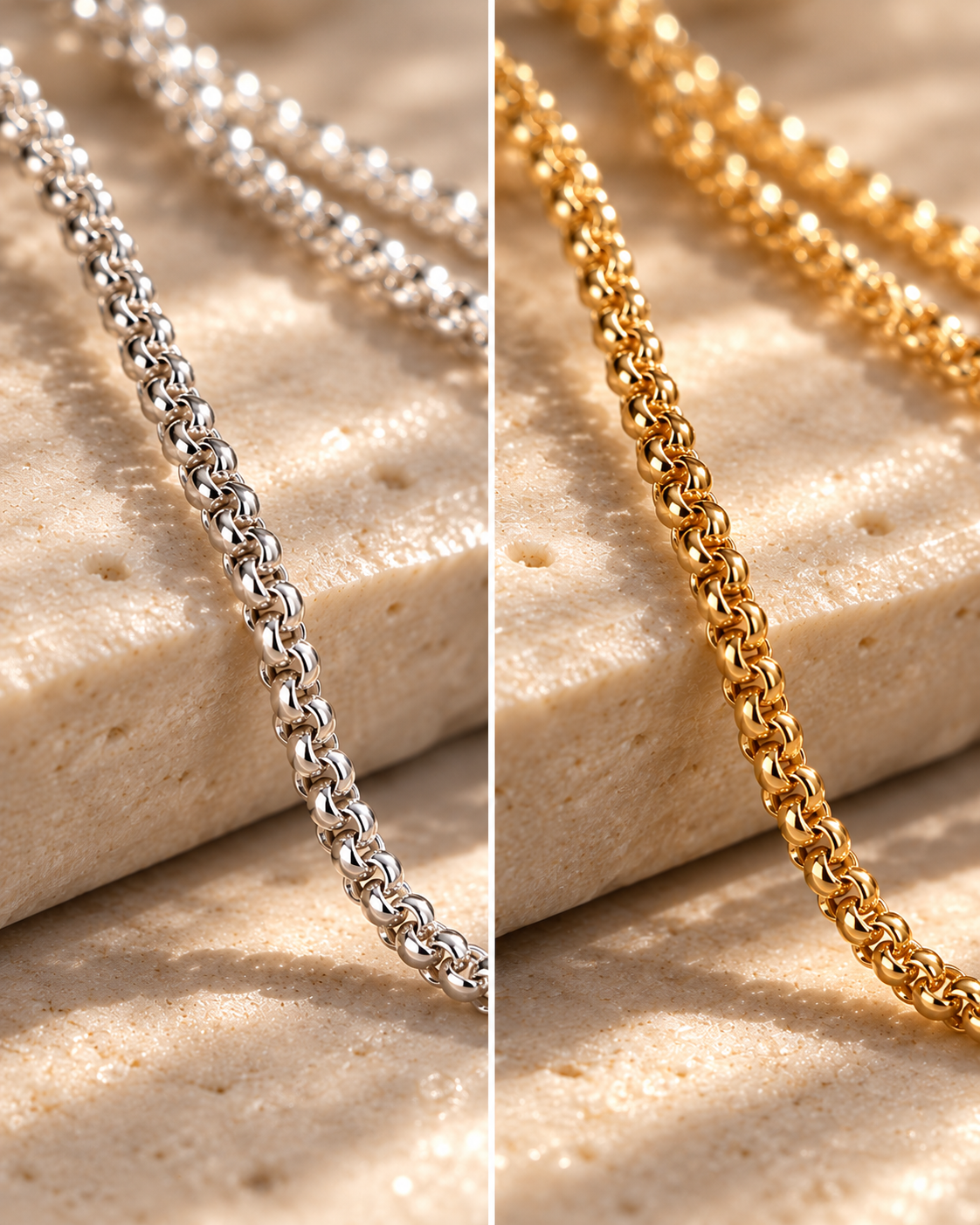 Detailaufnahme der 925 Sterling Silber Halskette in Silber und vergoldet mit glänzender, strukturierter Oberfläche.