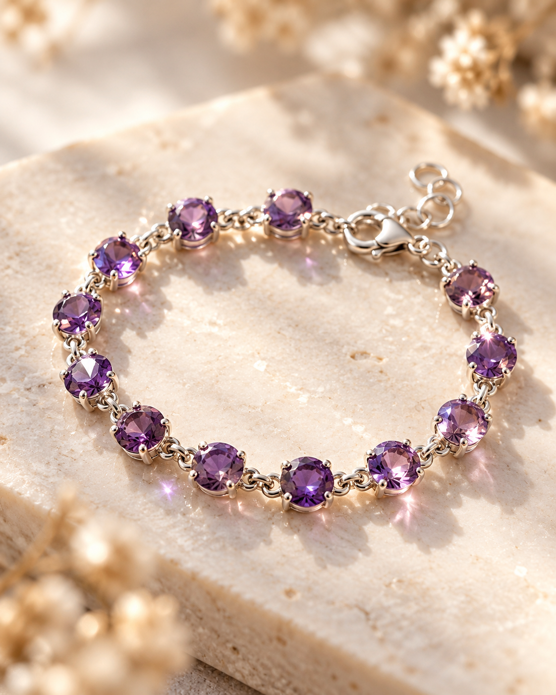 Exklusives Amethyst Armband aus 925 Sterling Silber mit runden, facettierten violetten Edelsteinen auf beigem Naturstein mit funkelnden Lichtreflexen.