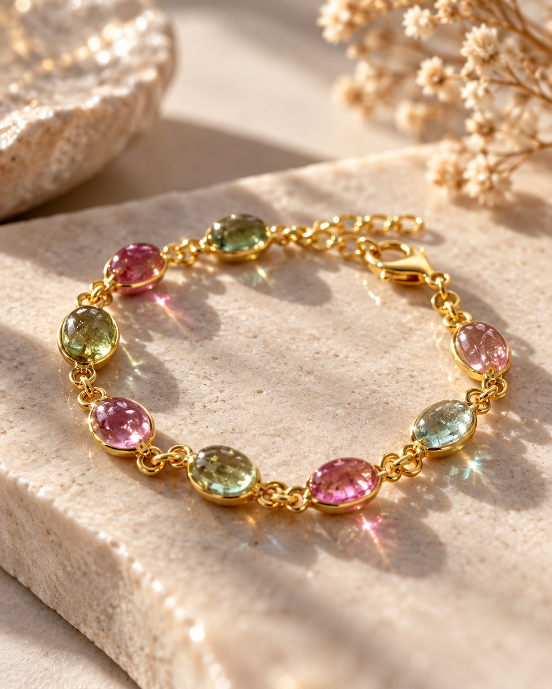 Vergoldetes Turmalin Armband aus 925 Sterling Silber mit ovalen rosa und grünen Edelsteinen auf beigem Naturstein mit warmen Lichtreflexen.
