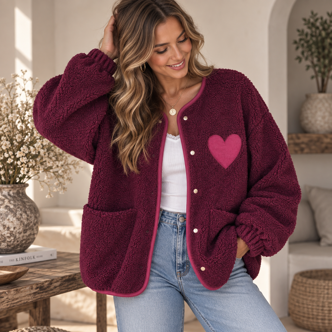 Teddy Jacke Bordeaux mit Herzdetail