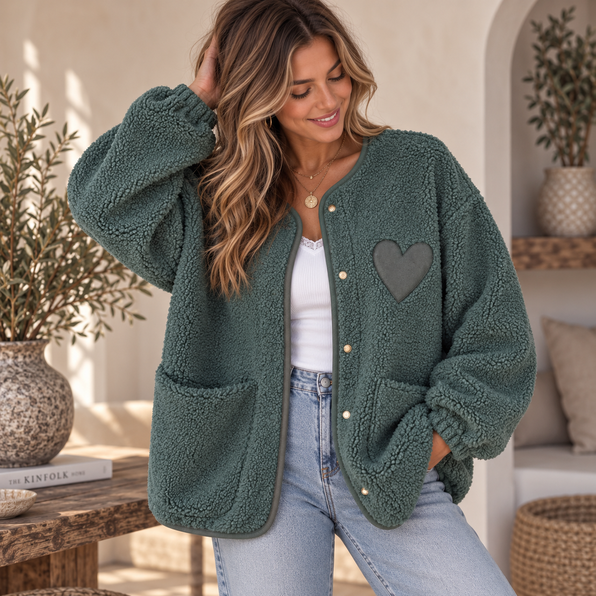 Teddy Jacke Salbeigrün mit Herzdetail