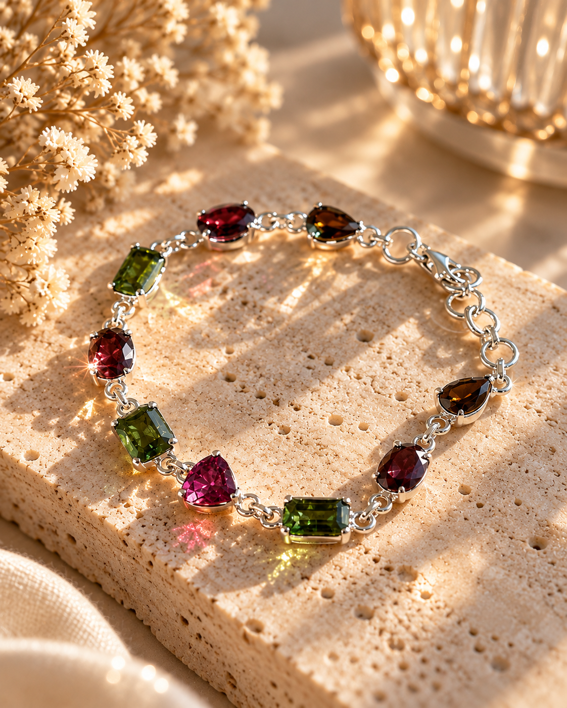 Exklusives Turmalin Armband aus 925 Sterling Silber mit natürlichen facettierten Edelsteinen in Grün, Bordeaux, Rosa und Braun auf beigem Naturstein.