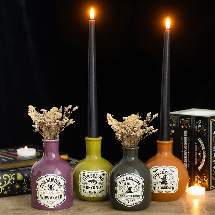 4er Set Keramik 2in1 Kerzenhalter und Vasen im Hexen-Apotheken-Stil