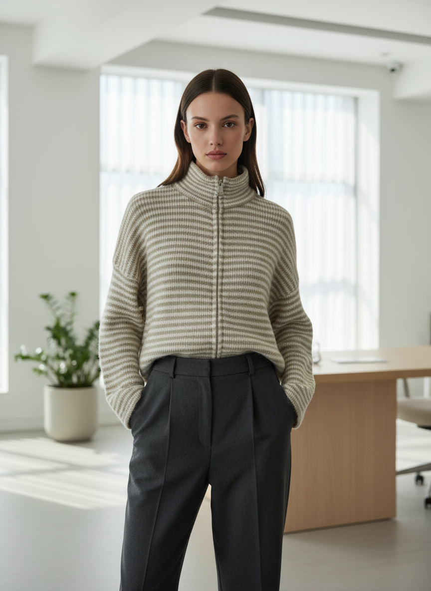 Beige gestreifte Zipper Strickjacke
