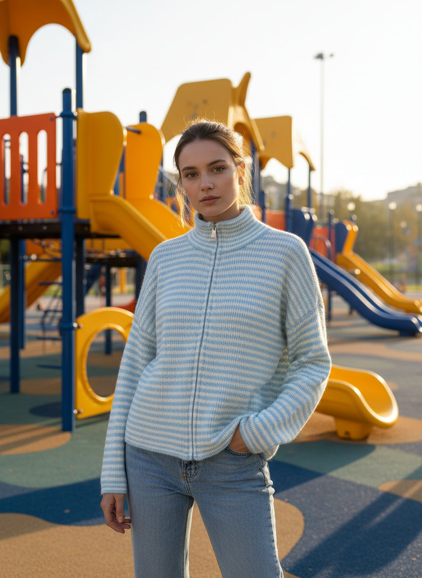 Hellblau gestreifte Zipper Strickjacke